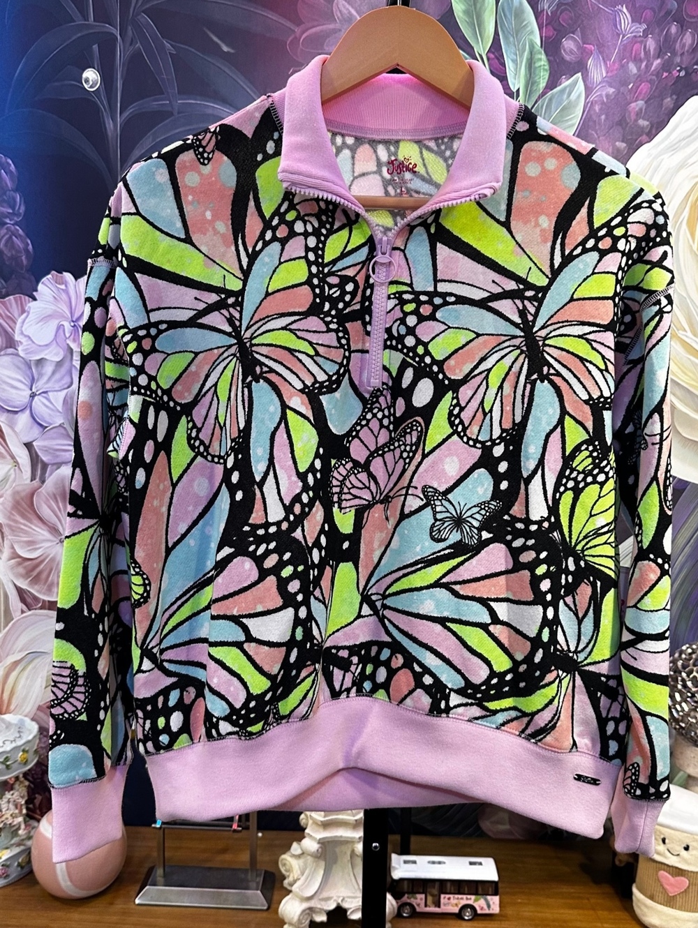 Justice Juniors L Butterfly Print Zip Sweater Pink Pastel Y2K Soft Girl Boho